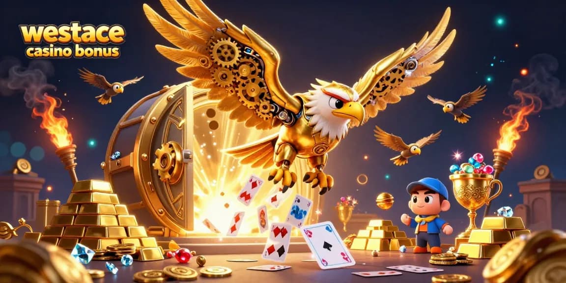 Jouer au bonus WestAce casino dans un décor éclatant de trésors et de cartes holographiques.