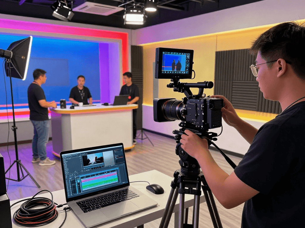 Le studio de production vidéo d'Atlas pro ontv avec techniciens et équipements avancés