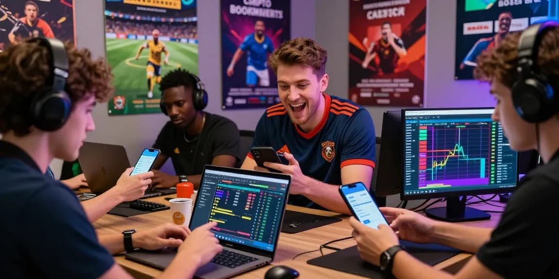 Scène de paris sportif crypto avec des parieurs analysant des cotes en direct.