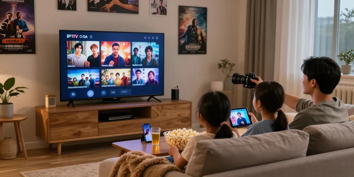 Un moment chaleureux en famille avec Atlas pro IPTV, regardant un film sur un grand écran HD.