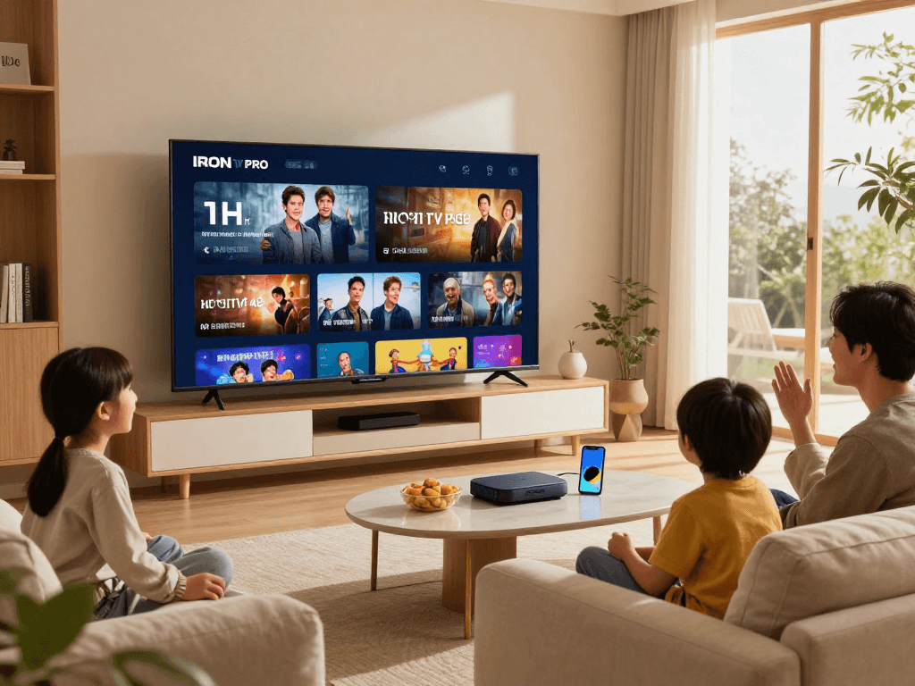 Famille profitant d'IRON TV avec écran montrant du contenu HD et 4K dans un salon confortable.