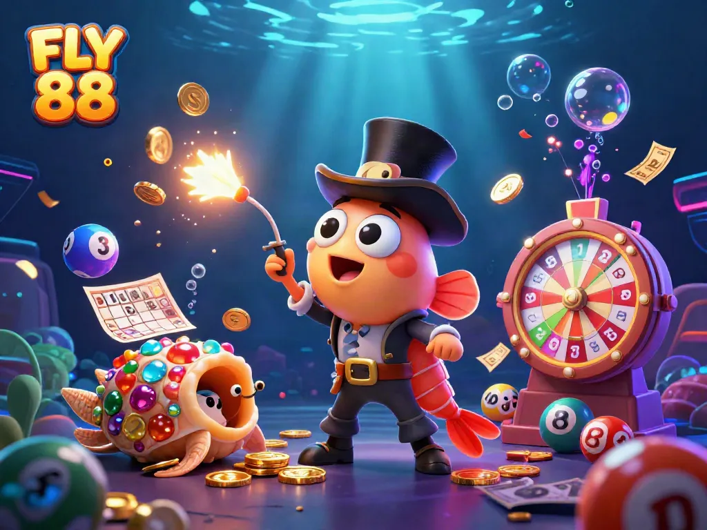 Join the excitement of FLY 88 with a vibrant underwater casino scene featuring underwater treasures.