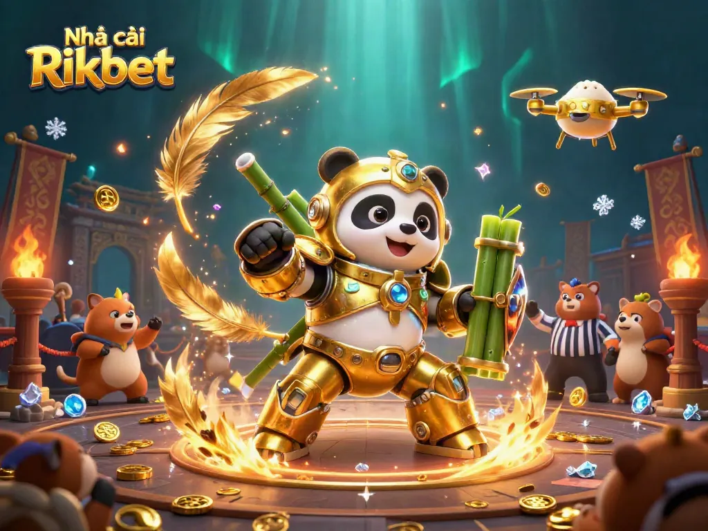 Experience the thrill of Nhà cái Rikbet with a golden panda in a vibrant 3D casino arena surrounded by cheering fans.