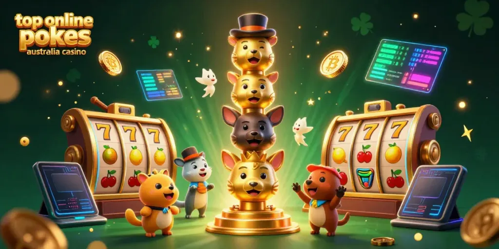 Win big with top online pokies Australia casino in this vibrant 3D illustration featuring playful totem characters!