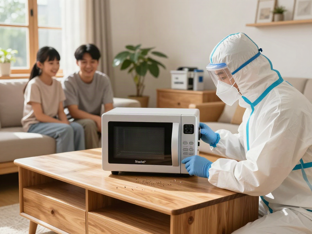 Traitement Shashel® des insectes à bois avec un expert utilisant un appareil à micro-ondes dans un intérieur familial.