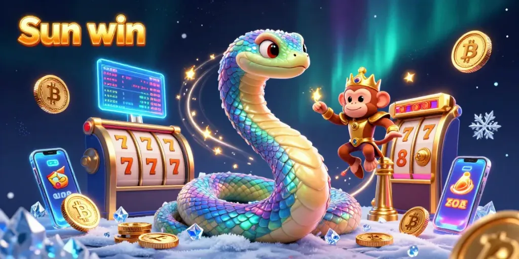 Experience thrilling gameplay with Sun win in this vibrant 3D casino illustration featuring a rainbow serpent, monkey king, and casino elements.
