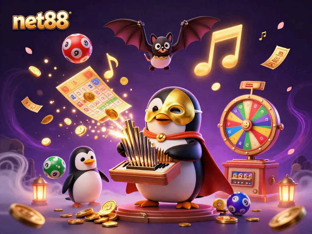 Engage with net88's vibrant casino universe featuring colorful lottery balls and a musical penguin in an 3D illustration.