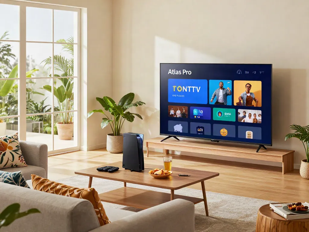Expérience de divertissement à domicile avec Atlas Pro ONTV sur écran plat, ambiance confortable et accueillante.