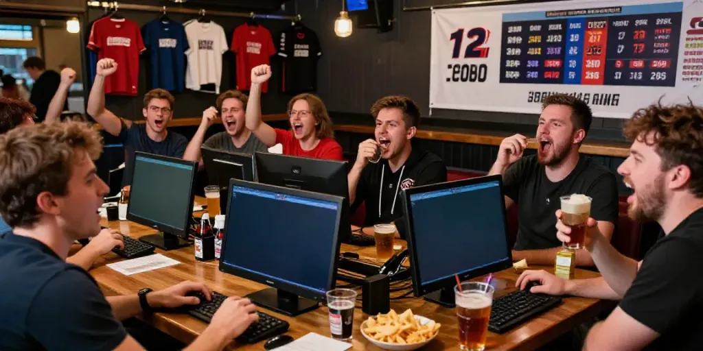 Scène de paris sportifs en Belgique montrant des fans engagés dans un bar, célébrant les événements sportifs.