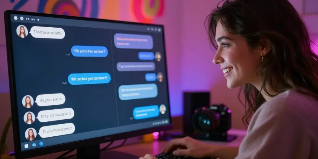 Engaging NSFW AI chat scene with a romantic character and vibrant digital interface.