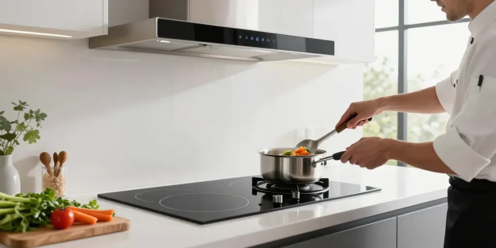 Plaque induction avec hotte intégrée dans une cuisine moderne, un chef cuisinant des légumes frais.