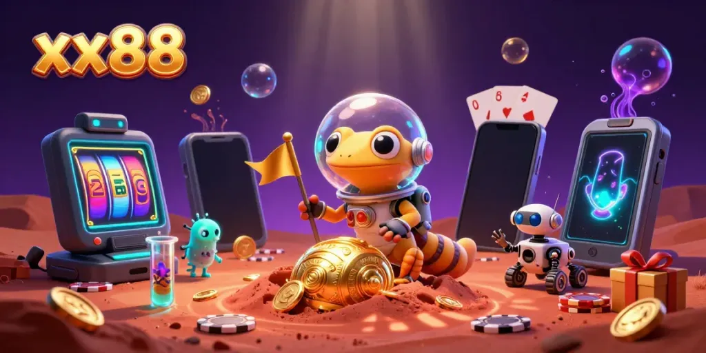 Engage in thrilling games at xx88, where a Martian gecko explores a hidden golden casino on Mars.