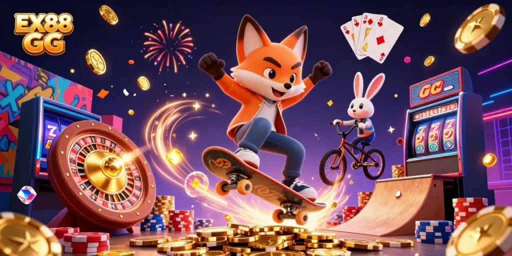 Engage with the exciting scenes of EX88 GG featuring a skateboarder fox and BMX rabbit amid casino-themed graphics.