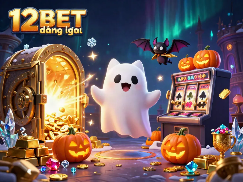 Engage with the thrilling atmosphere of 12BET đăng nhập, featuring a friendly ghost cat and glowing elements in an enchanting casino.