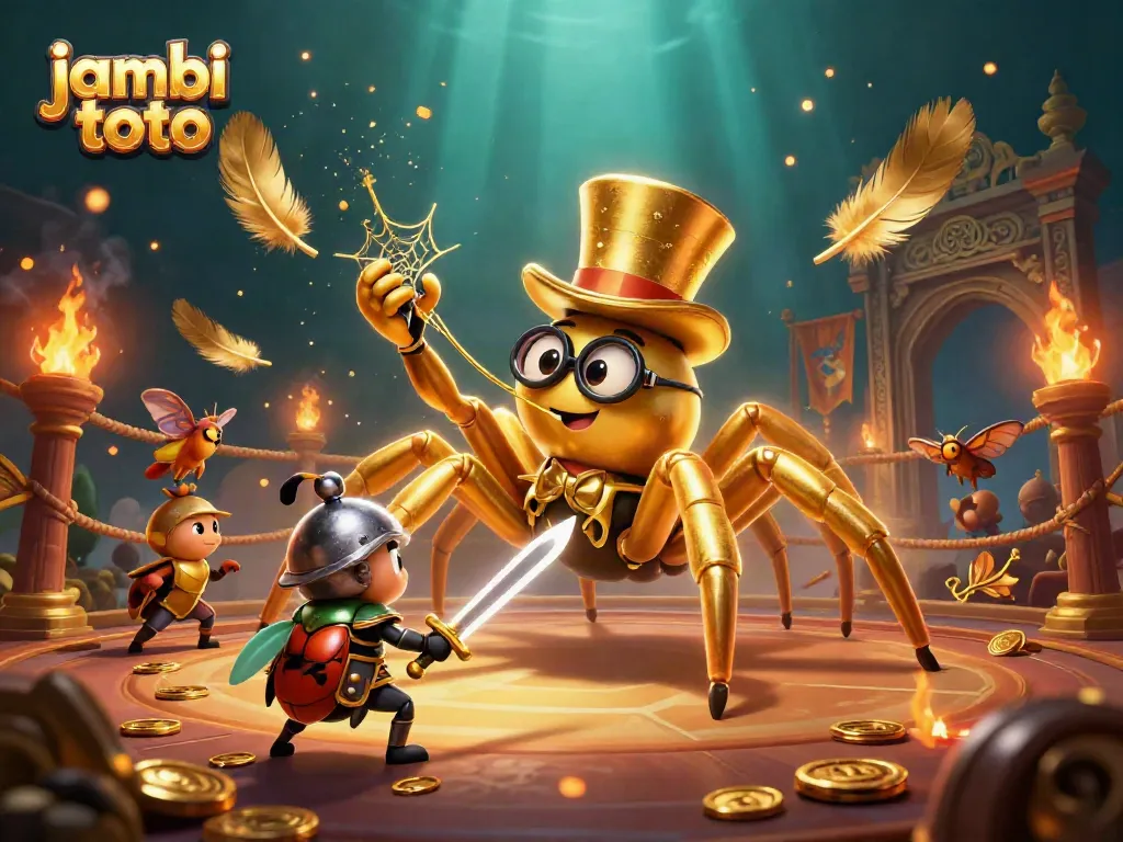 Engage in thrilling gameplay with jambi toto, a golden tarantula and beetle knight in a dynamic casino setting.