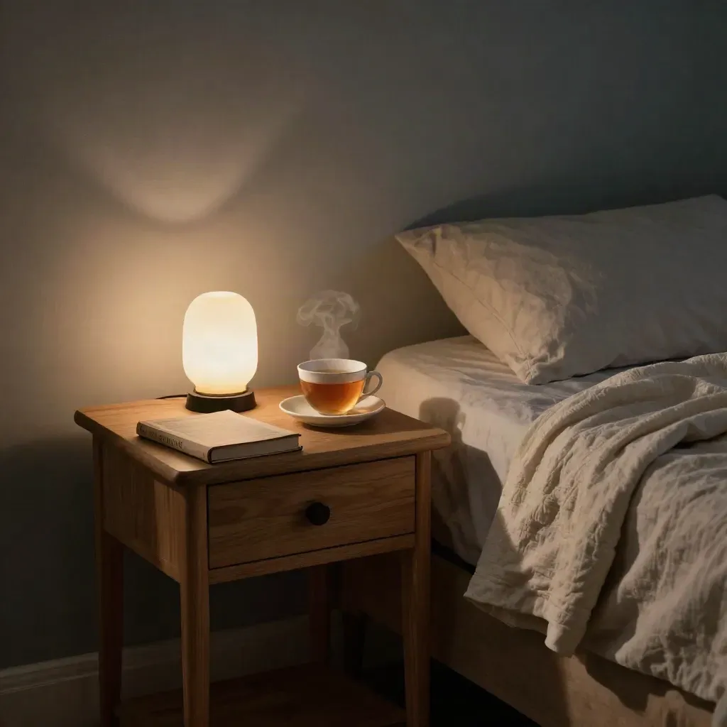 Table de chevet avec lampe opaline, tisane, livre fermé et couverture repliée au crépuscule.