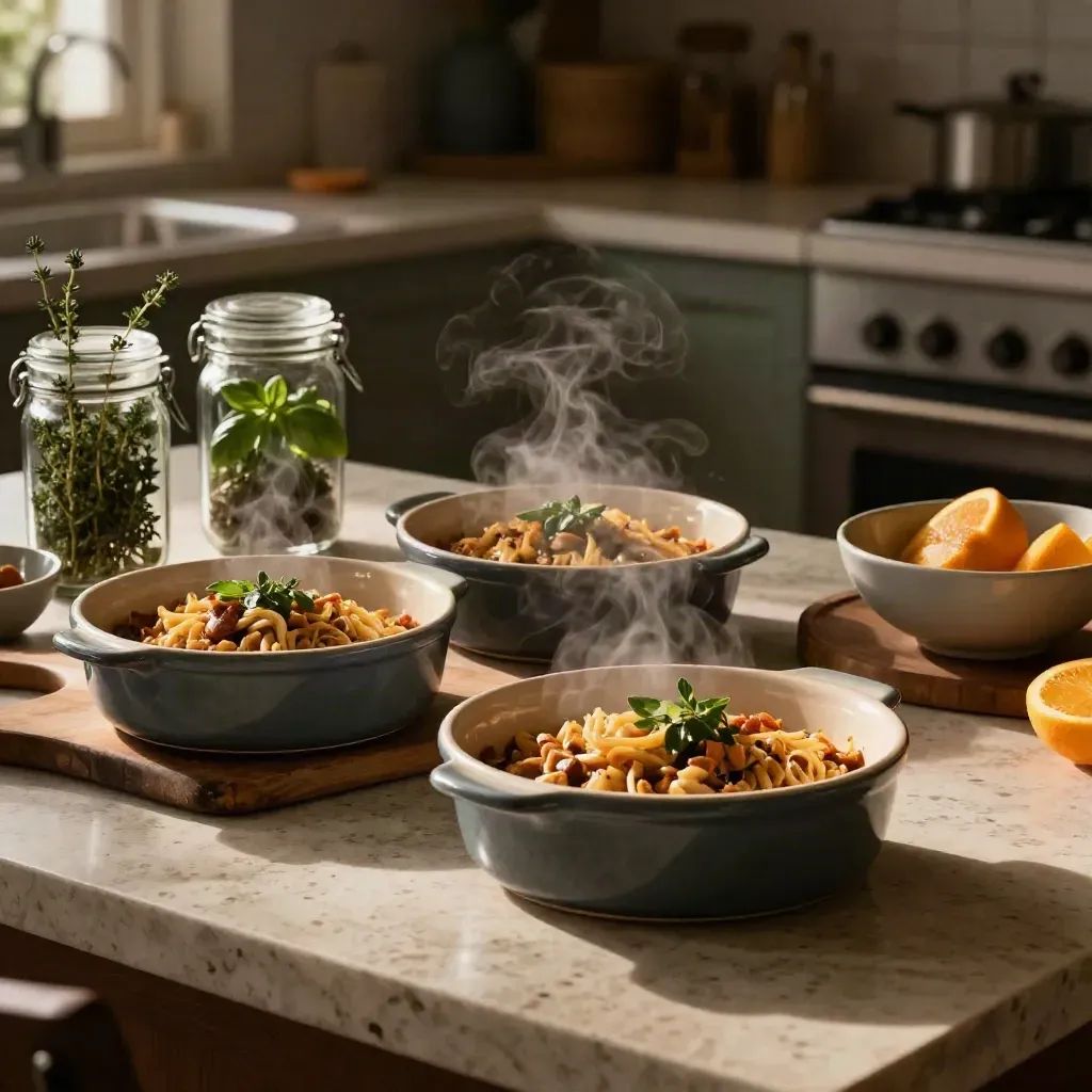 Trois plats préparés en céramique, bocaux d’herbes, planche en bois et agrumes sur table de cuisine.