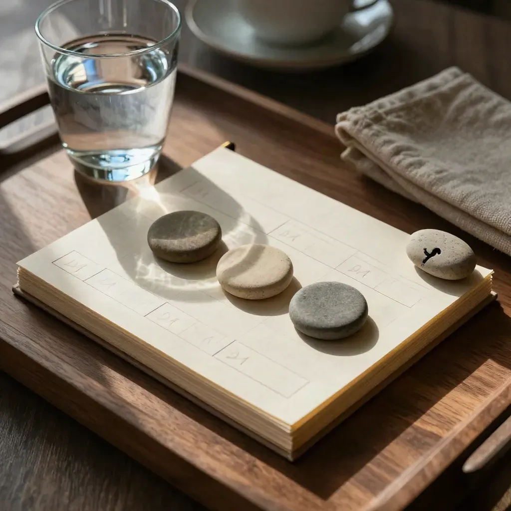 Suivi d’habitudes en papier épais, jetons alignés, verre d’eau et pierre lisse sur bois chaud.