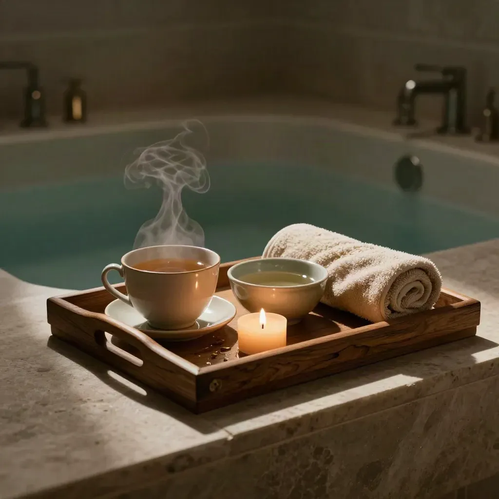 Plateau du soir avec thé fumant, bain de pieds en céramique, serviette roulée et bougie, lumière douce.