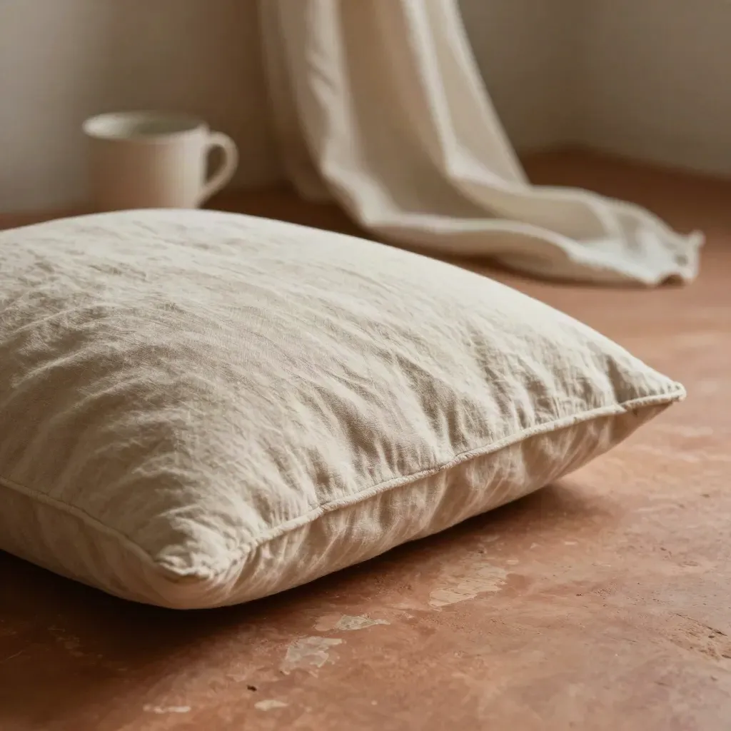 Coussin de sol en lin, tasse au loin et drapé fluide dans une lumière douce.
