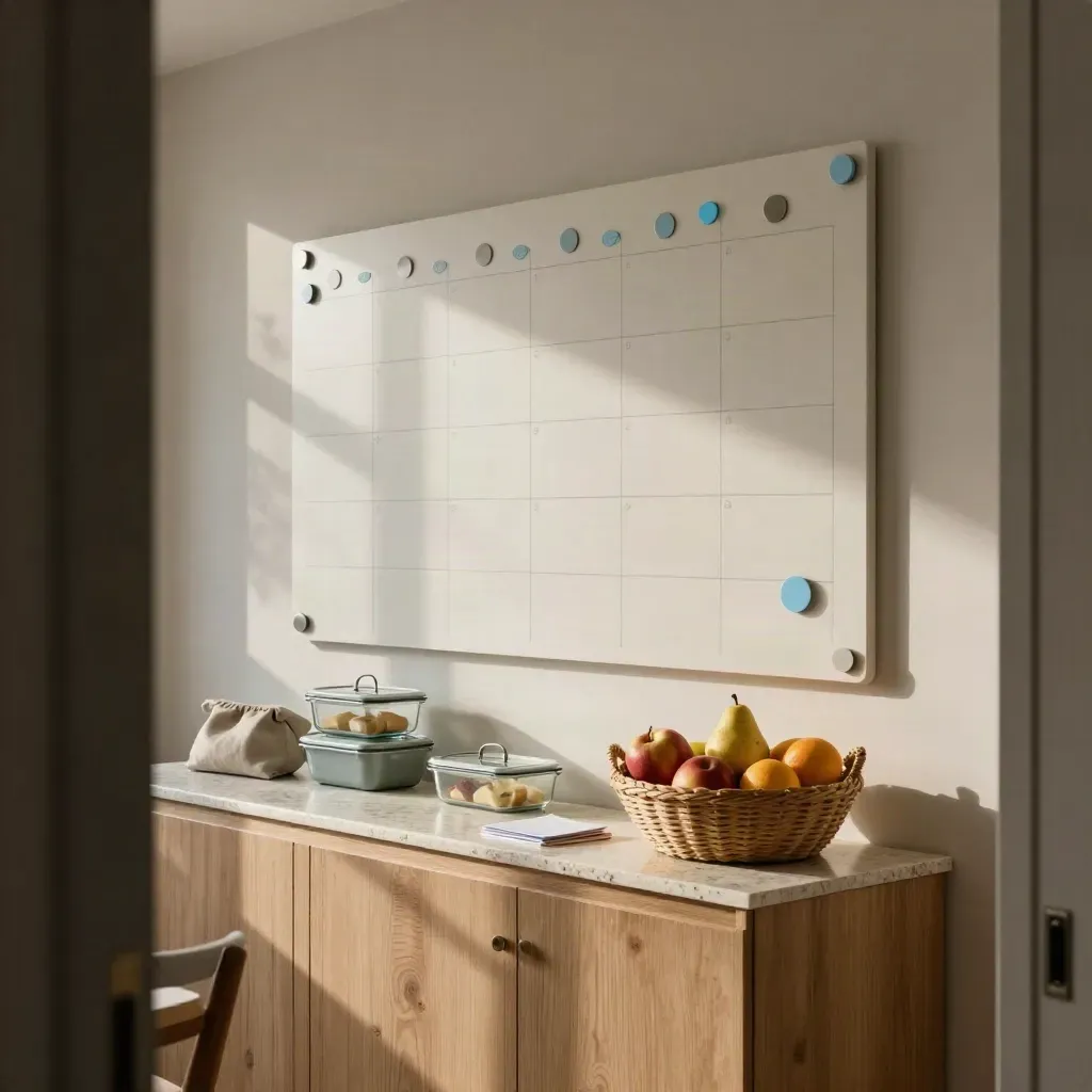 Tableau hebdomadaire, boîtes repas et corbeille de fruits dans un intérieur calme.