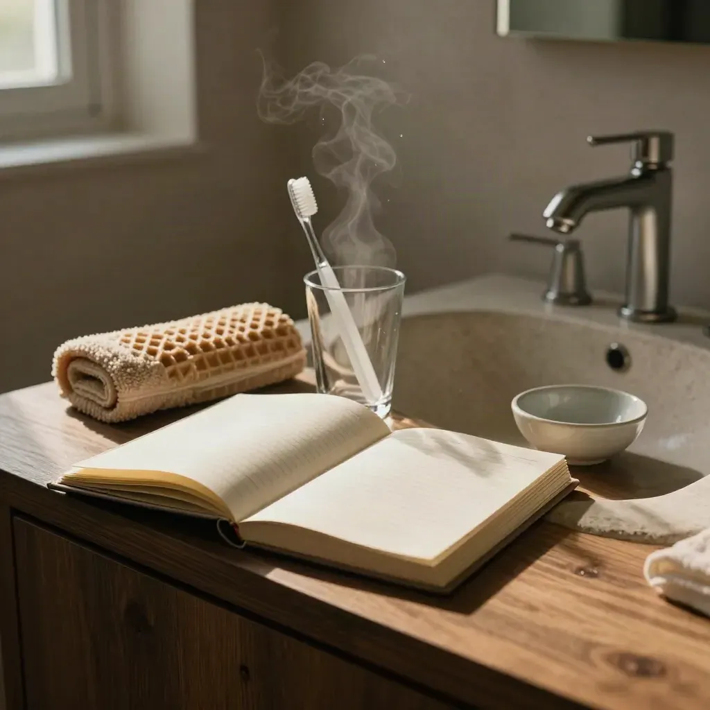 Carnet ouvert près du lavabo, brosse à dents en verre et serviette roulée dans une salle d’eau paisible.