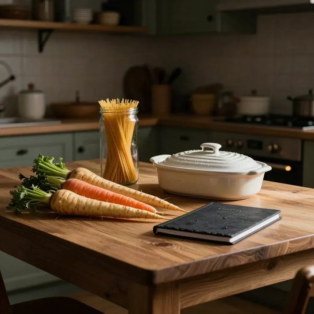 Table de cuisine avec légumes racines, bocal de pâtes, plat couvert et carnet de menus fermé.