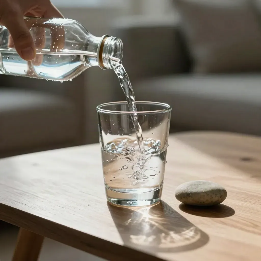 Bouteille en verre et verre d’eau frémissant sur une table basse, avec un galet lisse.