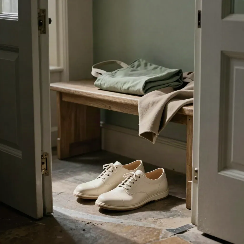 Chaussures de marche, tote sauge et manteau sur un banc d’entrée, vus en contrebas.