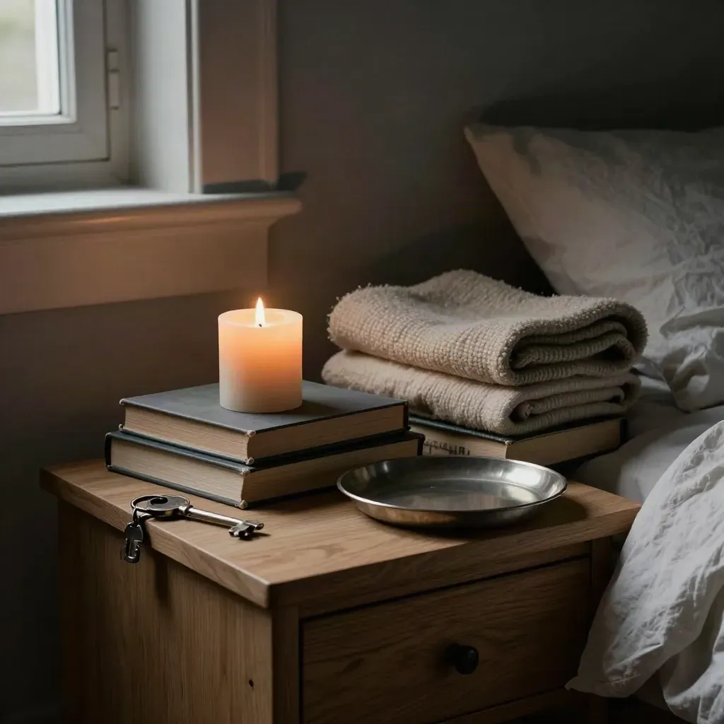 Pile de livres, bougie éteinte, couverture et plateau vide sur une table de nuit.