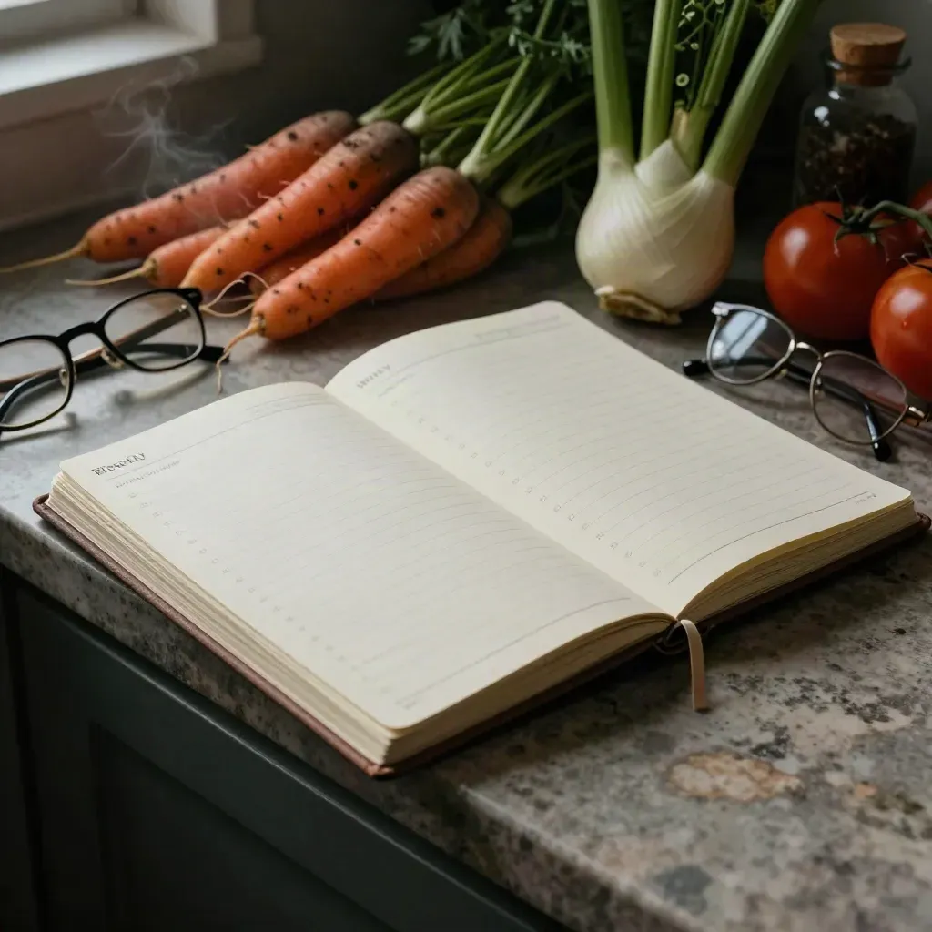 Carnet à onglets, légumes du marché, lunettes retournées et bocal d’herbes dans une lumière cinématographique.