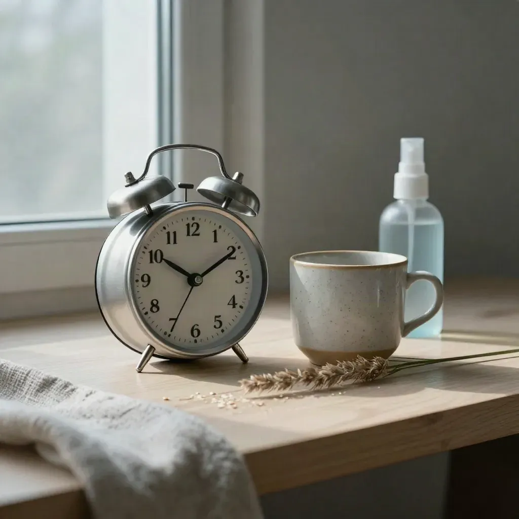 Réveil, tasse en grès et vaporisateur givré sur bois clair, ambiance douce du matin.
