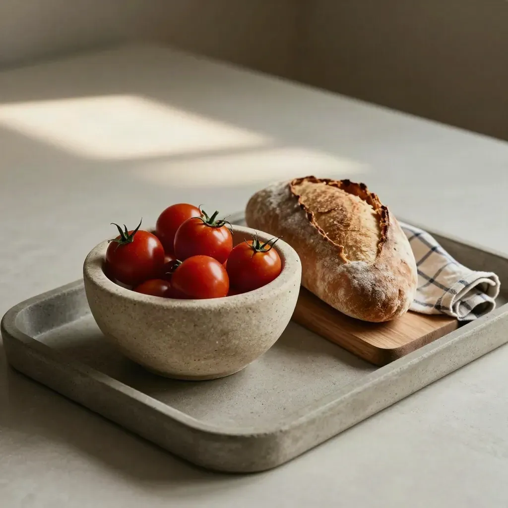Panier de courses, tomates cerises et pain sur plateau en béton, lumière douce.