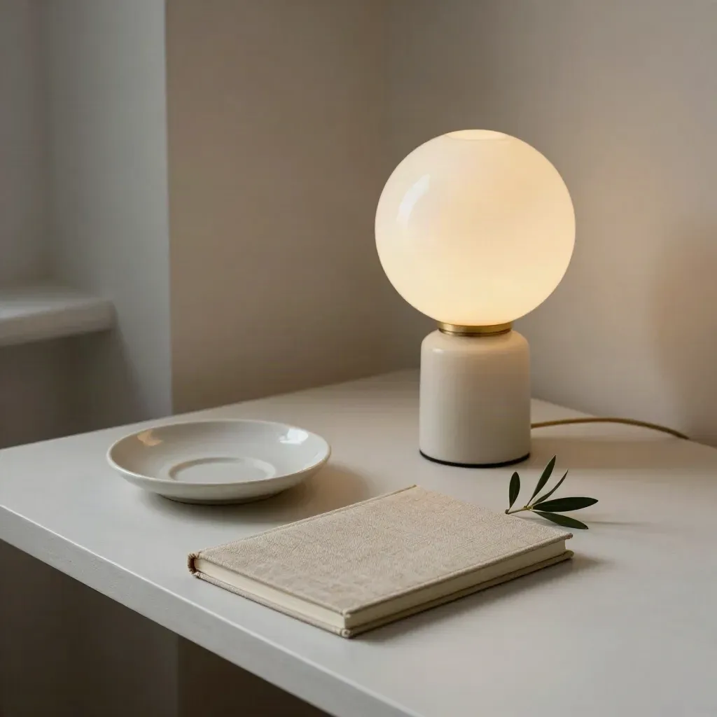 Lampe opaline, carnet en toile, soucoupe en céramique et branche d’olivier sur fond crème.