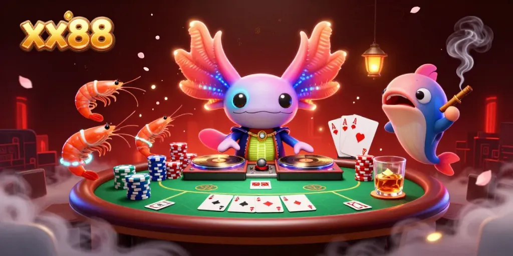 Engage with the vibrant atmosphere of xx88 as a neon axolotl DJ mingles with dancing shrimp and a hype man blowfish.