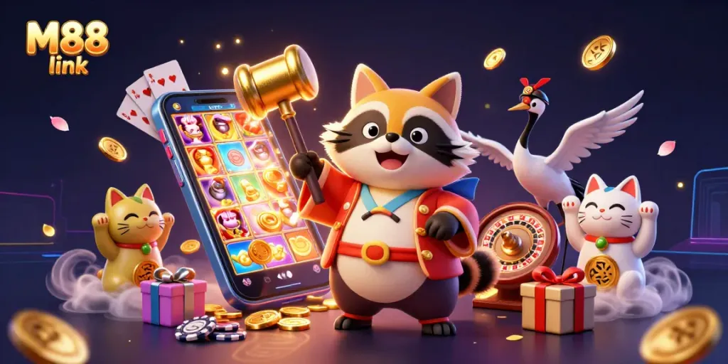 Engage with the vibrant M88 link, featuring a cheerful tanuki in a festive scene with casino elements.
