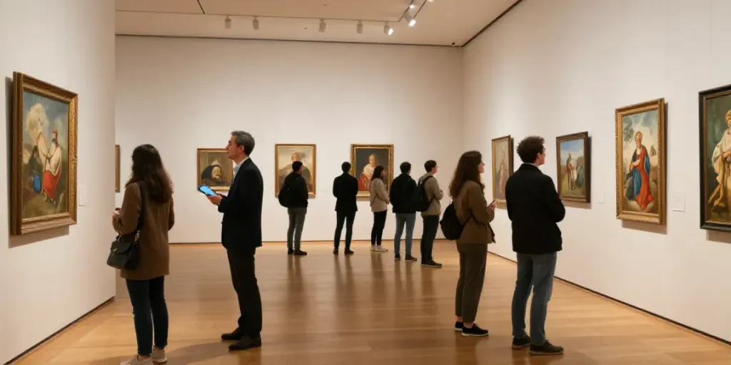 Exposition sur l'art et civilisation avec des visiteurs engagés, témoignant de services professionnels de confiance.