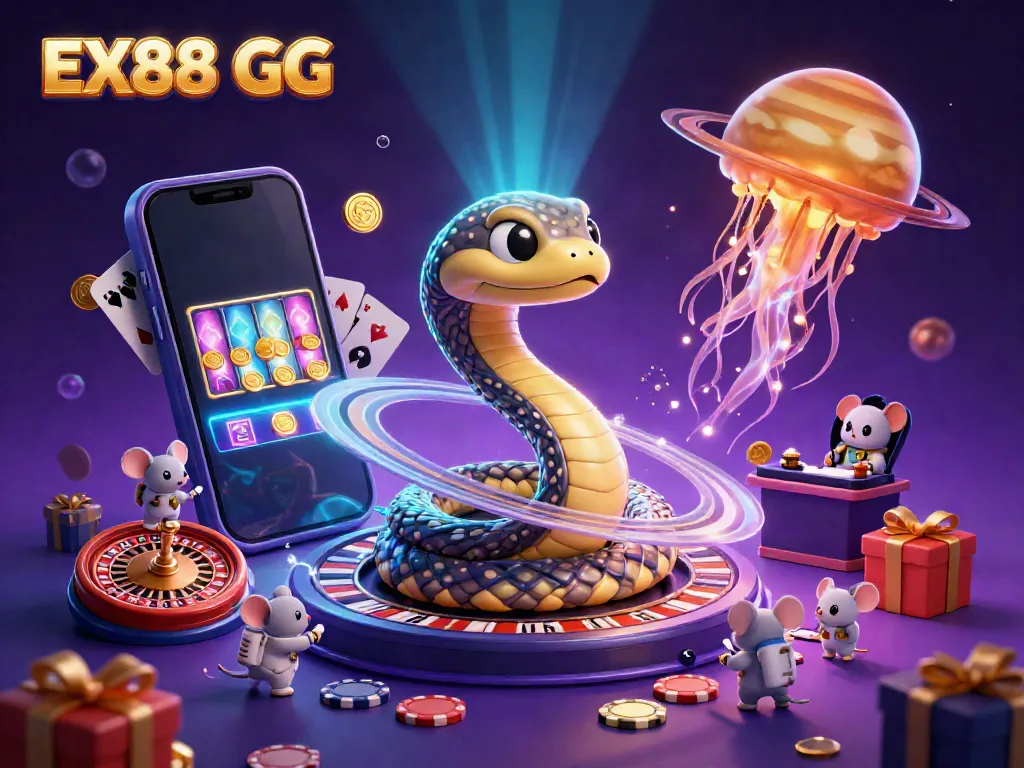 Experience winning thrills with EX88 GG as tiny mice bet on a cosmic roulette wheel in a vibrant space casino.