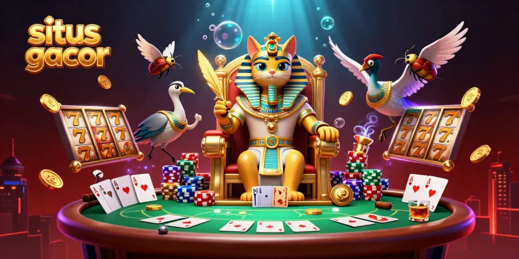 Situs slot gacor illustration featuring a pharaoh cat and ibis scribe amidst slot reels and poker elements.